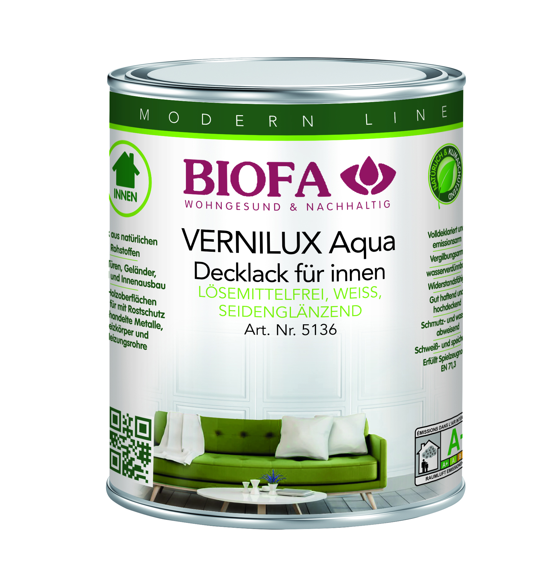 VERNILUX Aqua Decklack für innen seidenglänzend weiß lösemittelfrei